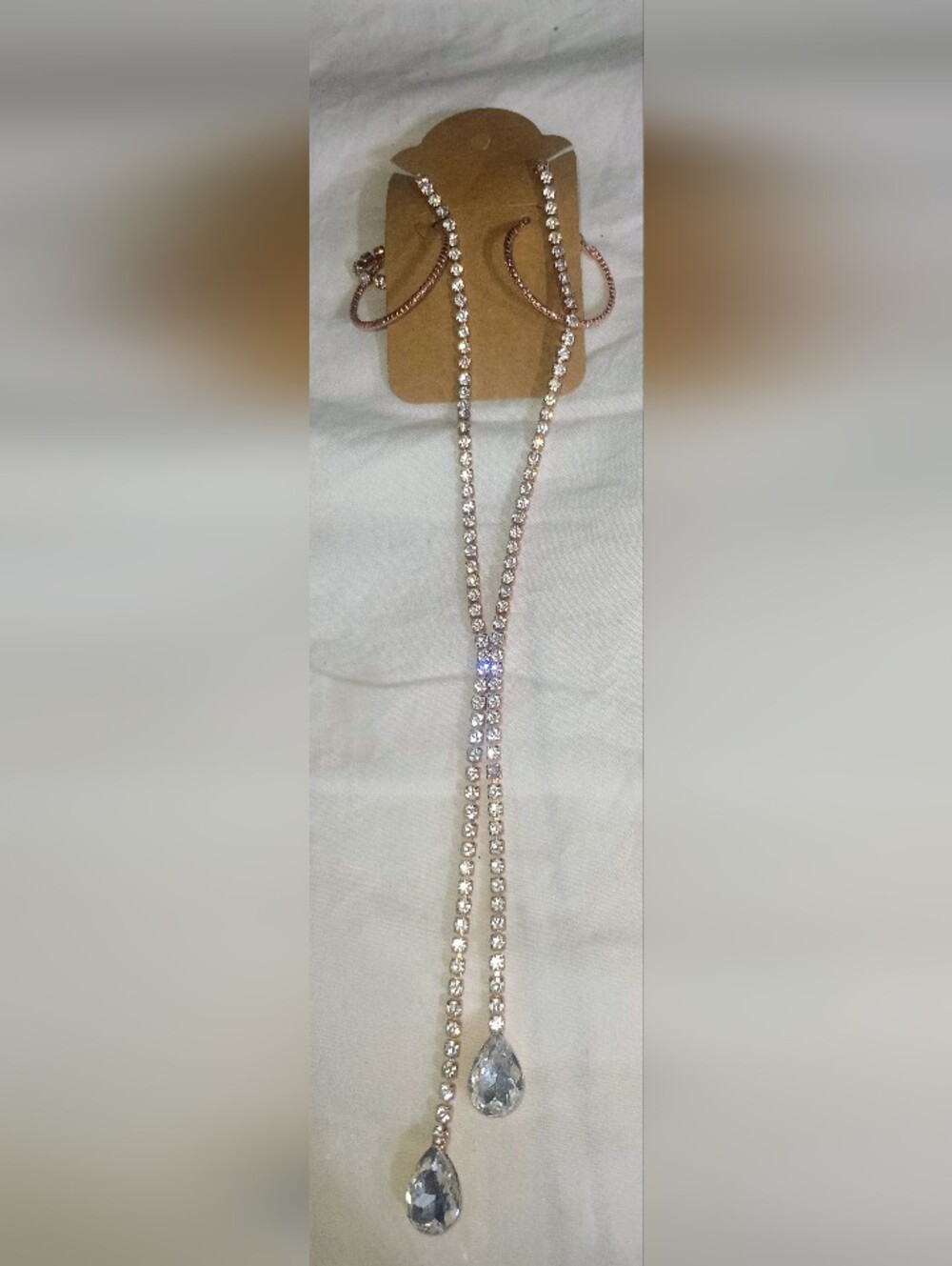 Rose Gold Teardrop Lariat Necklace with Clear Crystal Drops
